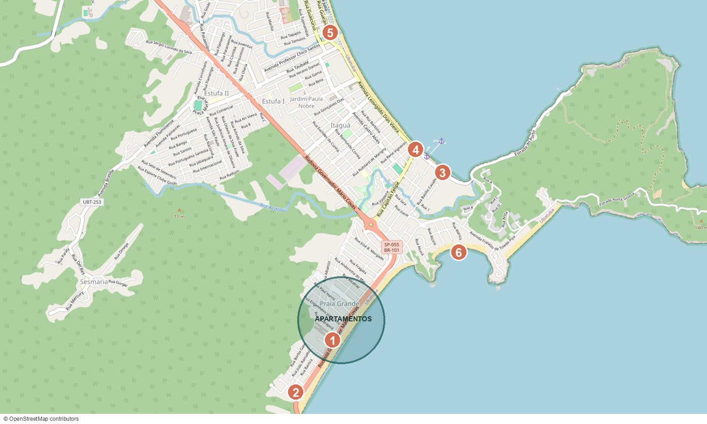 Mapa da Praia Grande e do Itaguá, em Ubatuba, com os pontos do guia numerados