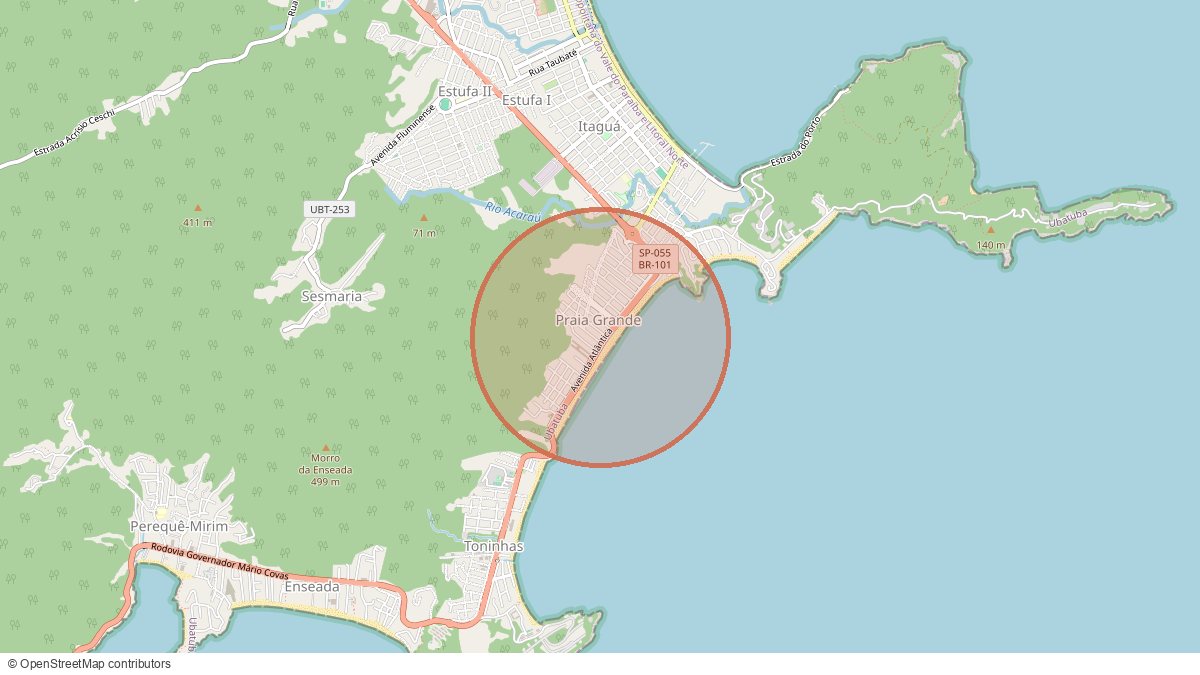 Mapa da região da Praia Grande, em Ubatuba, com a área aproximada dos apartamentos destacada